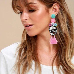 5-Inch Long Zombie Frida Pink Beaded Halloween Artisan Statement Earrings